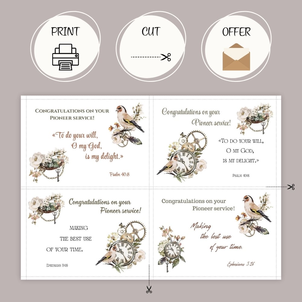 JW Pioneer Service Congratulations Cards - 4 vintage or white background cards