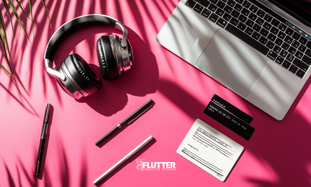 Flat lay of a modern creative workspace on a magenta desk featuring a silver laptop, Apple over-ear headphones, black and silver pens, and a handwritten note card. Soft palm shadows cast across the scene add a sophisticated, elegant aesthetic—ideal for co