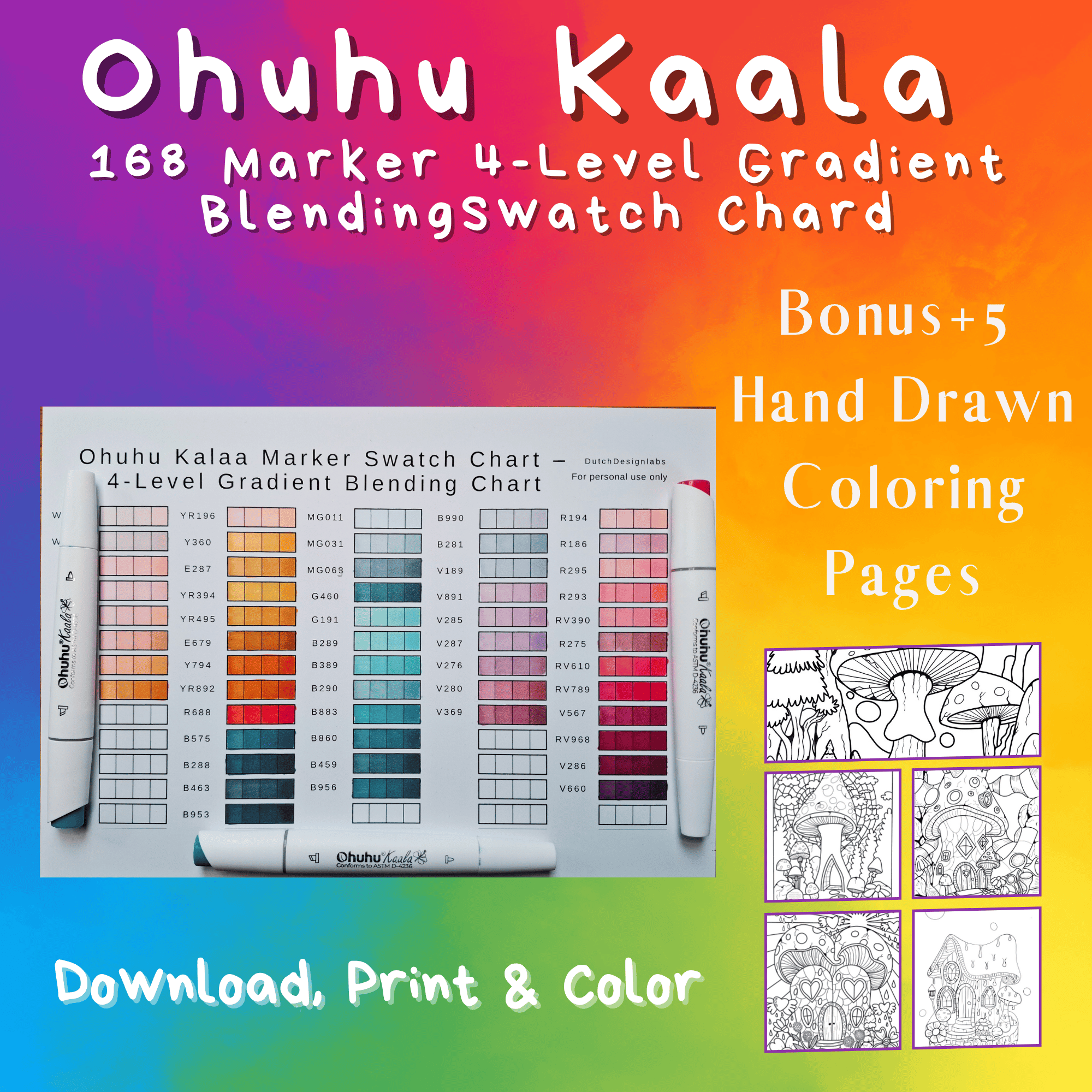 Ohuhu Kaala Marker Swatch Chart – 4-Level Gradient Blending Template ...