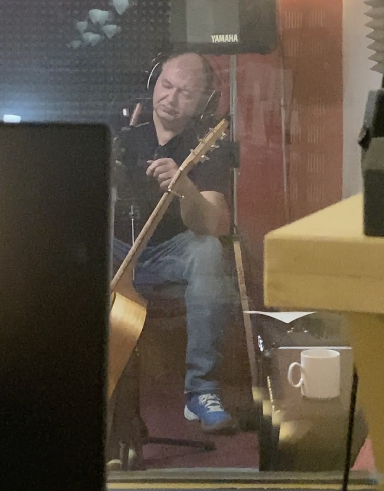 martin dines playing and recording claves and other percussion for walk with me single in swanyard music studios retford, raising money for parkinsons uk