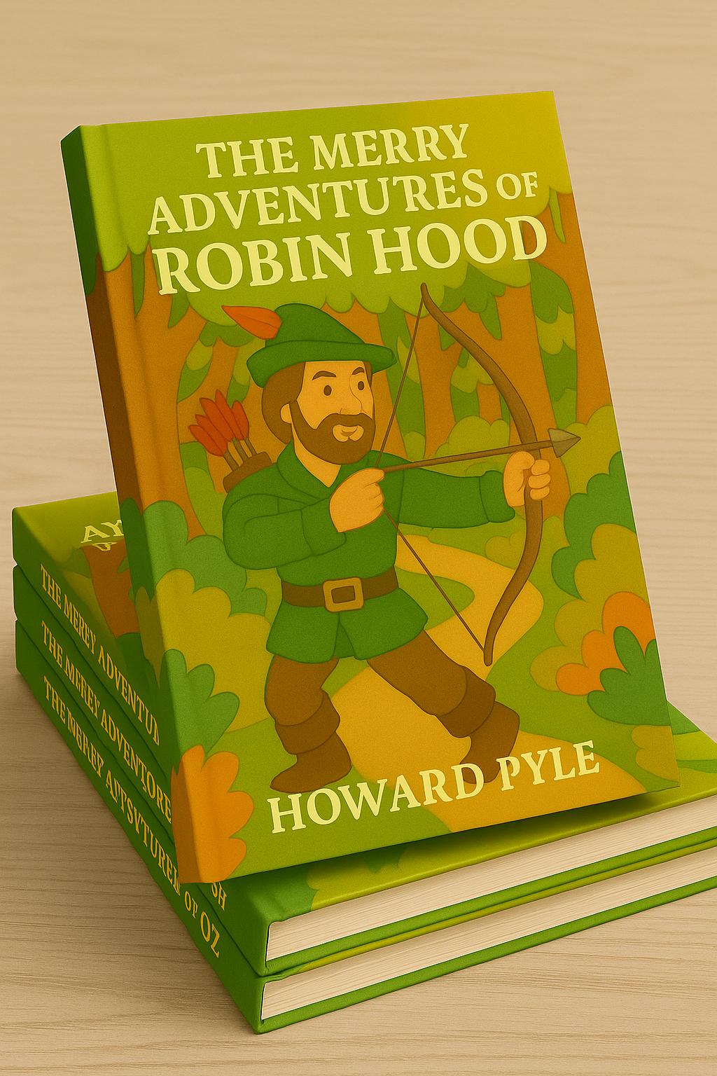 Illustrated cover of "The Merry Adventures of Robin Hood" by Howard Pyle featuring a cartoon-style Robin Hood in green outfit holding a bow in a forest setting – classic children’s literature.