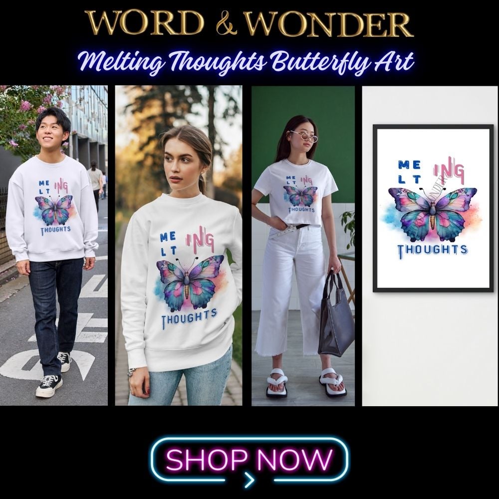 Melting Thoughts Butterfly – digital watercolor butterfly with pink and blue wings and stylized typography. High-res PNG for T-shirts, wall art, mugs, stickers, and fashion accessories