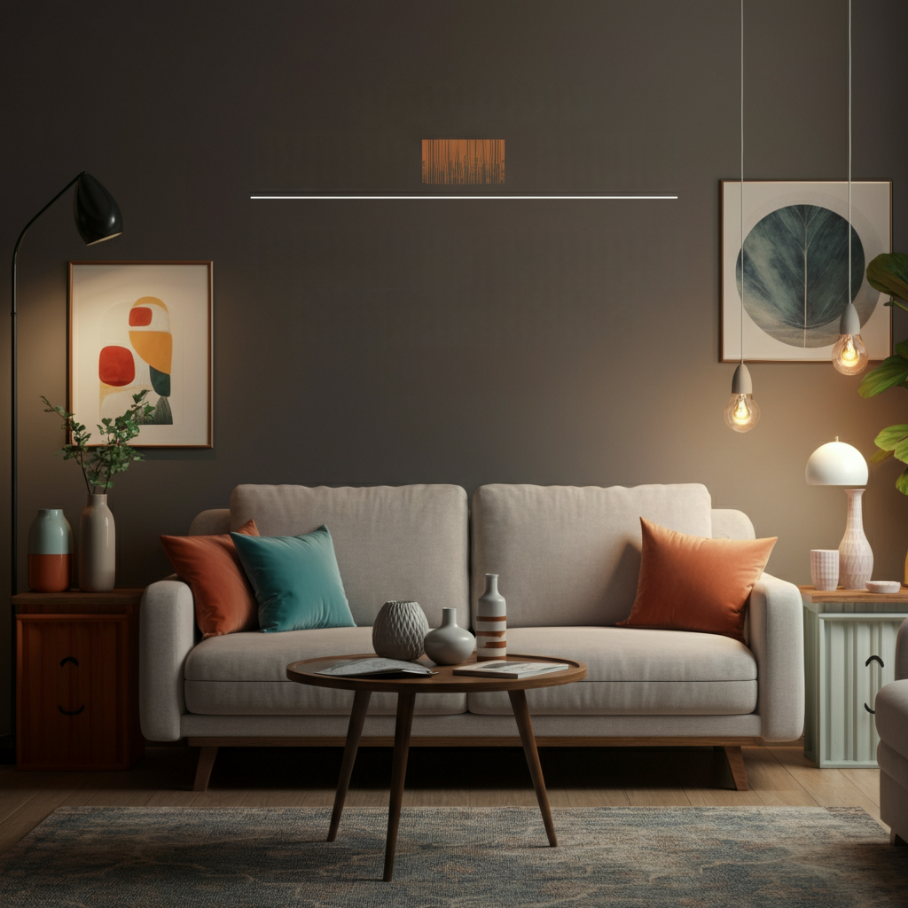 Cozy and stylish living room with modern furniture, colorful accents, and warm lighting.