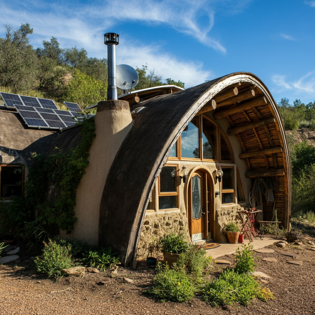 A cozy earthship home with solar panels