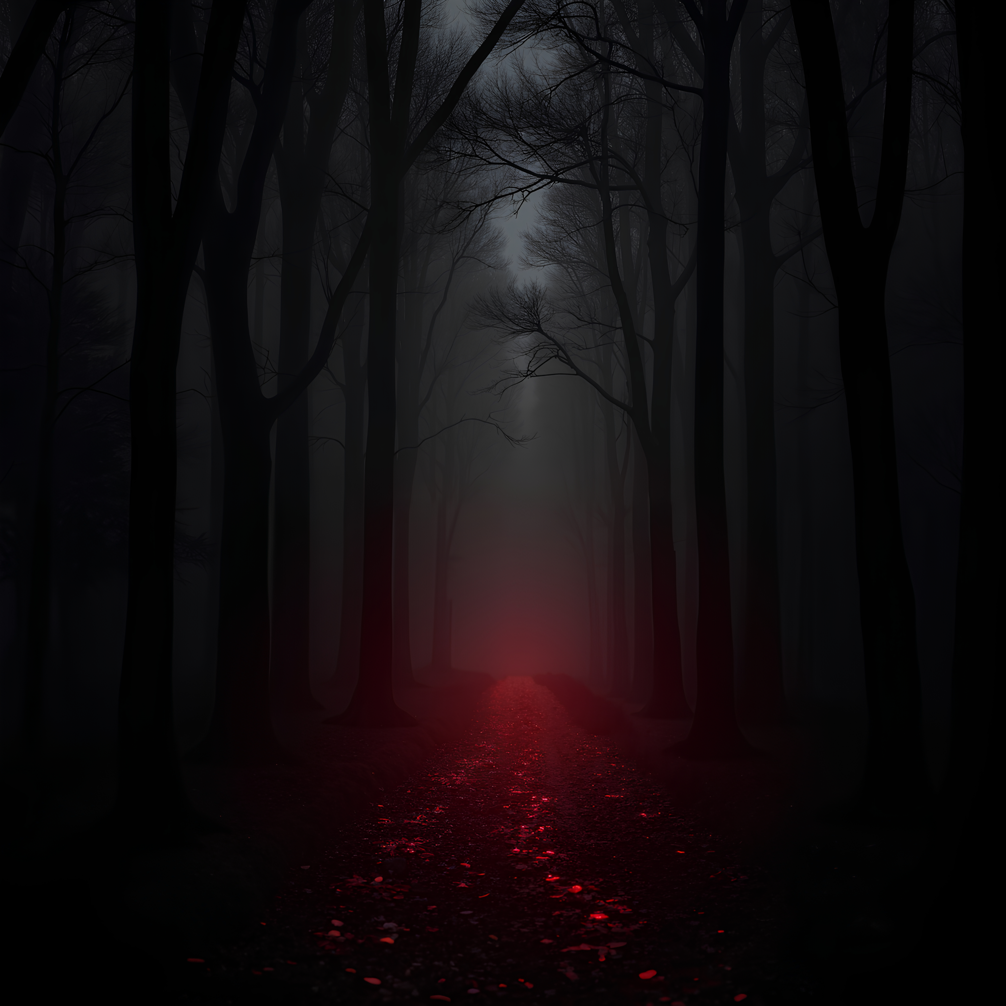 Creepy forest at night with something terrifying in the distance