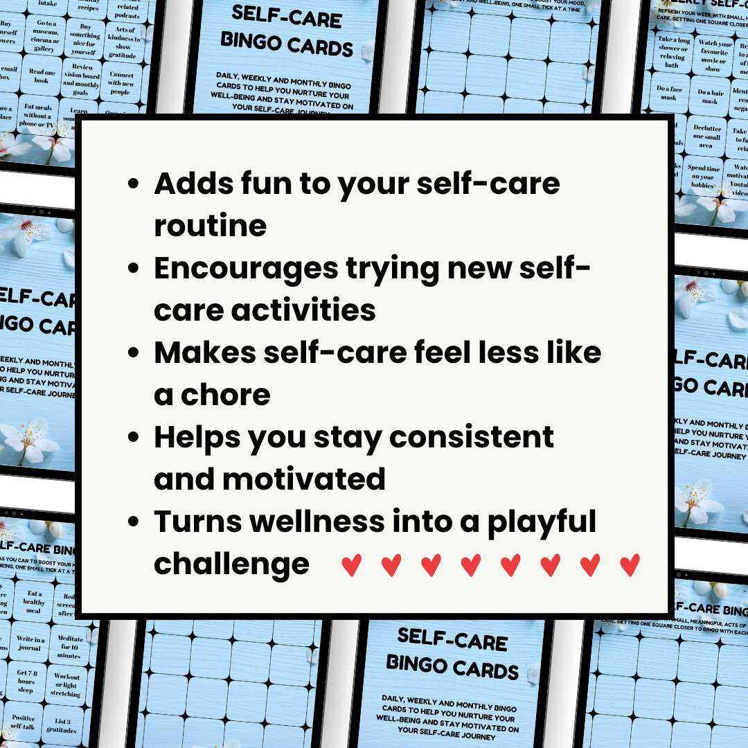 Self-care tracker cards designed to encourage consistent habits for mental health and relaxation