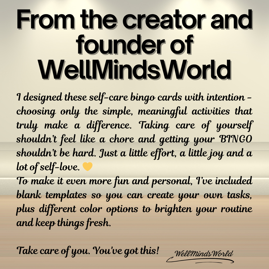 Mindfulness bingo cards featuring 16 tasks for emotional balance and personal growth