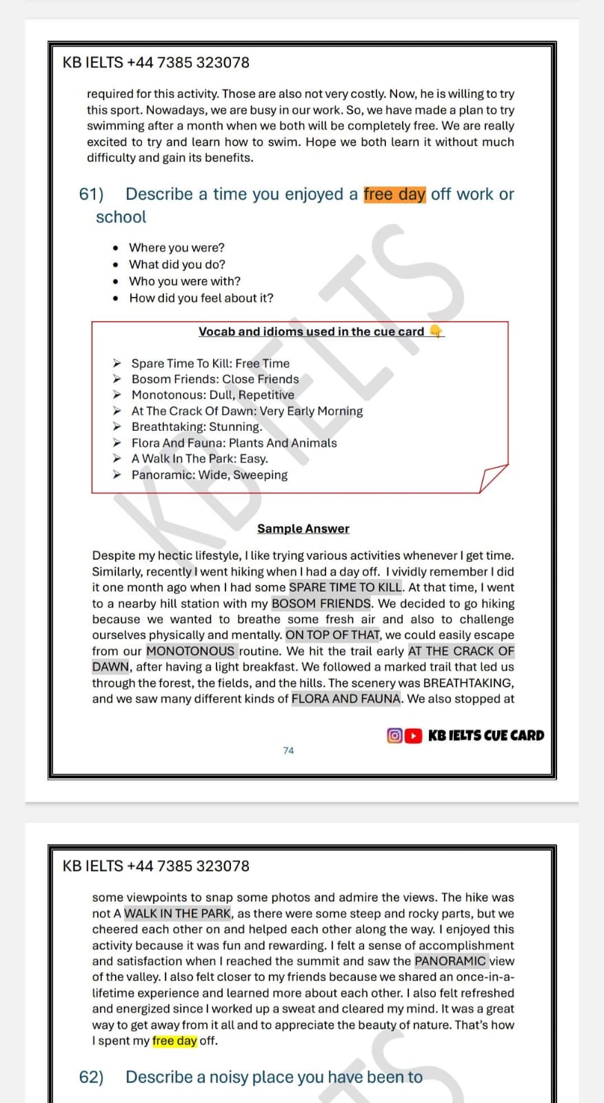 Recently asked IELTS cue card (Free day/day off) 2025