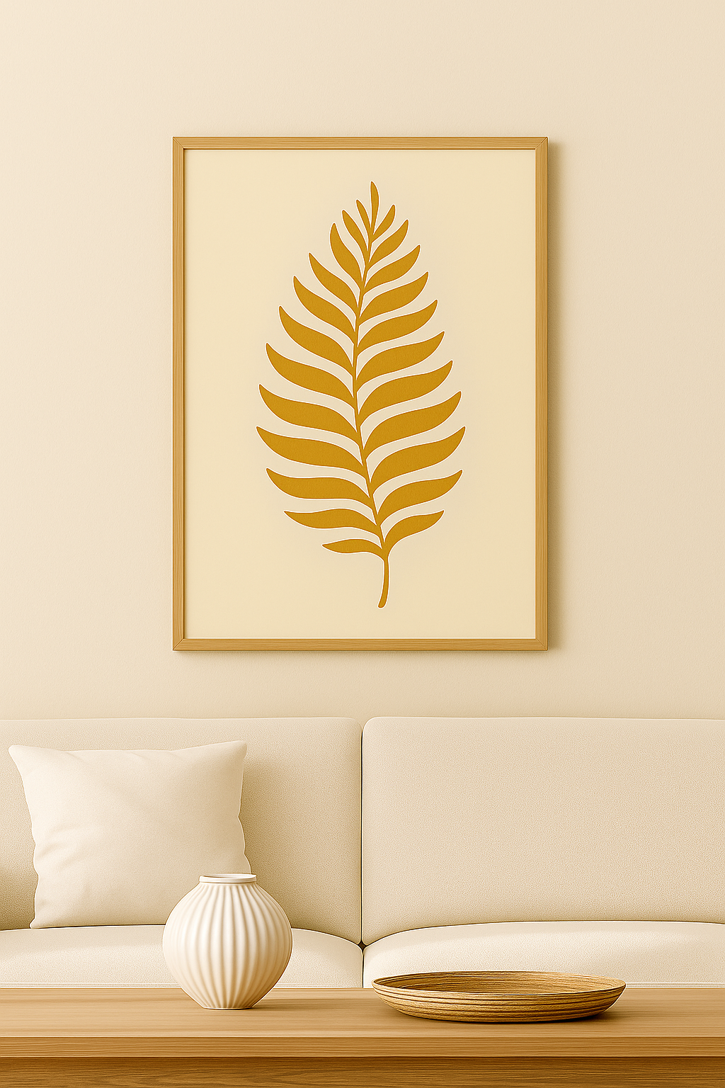 A minimalist printable wall art design featuring a single stylized golden fern leaf on a beige background. Framed in a light wood frame and styled in a warm, modern boho interior.