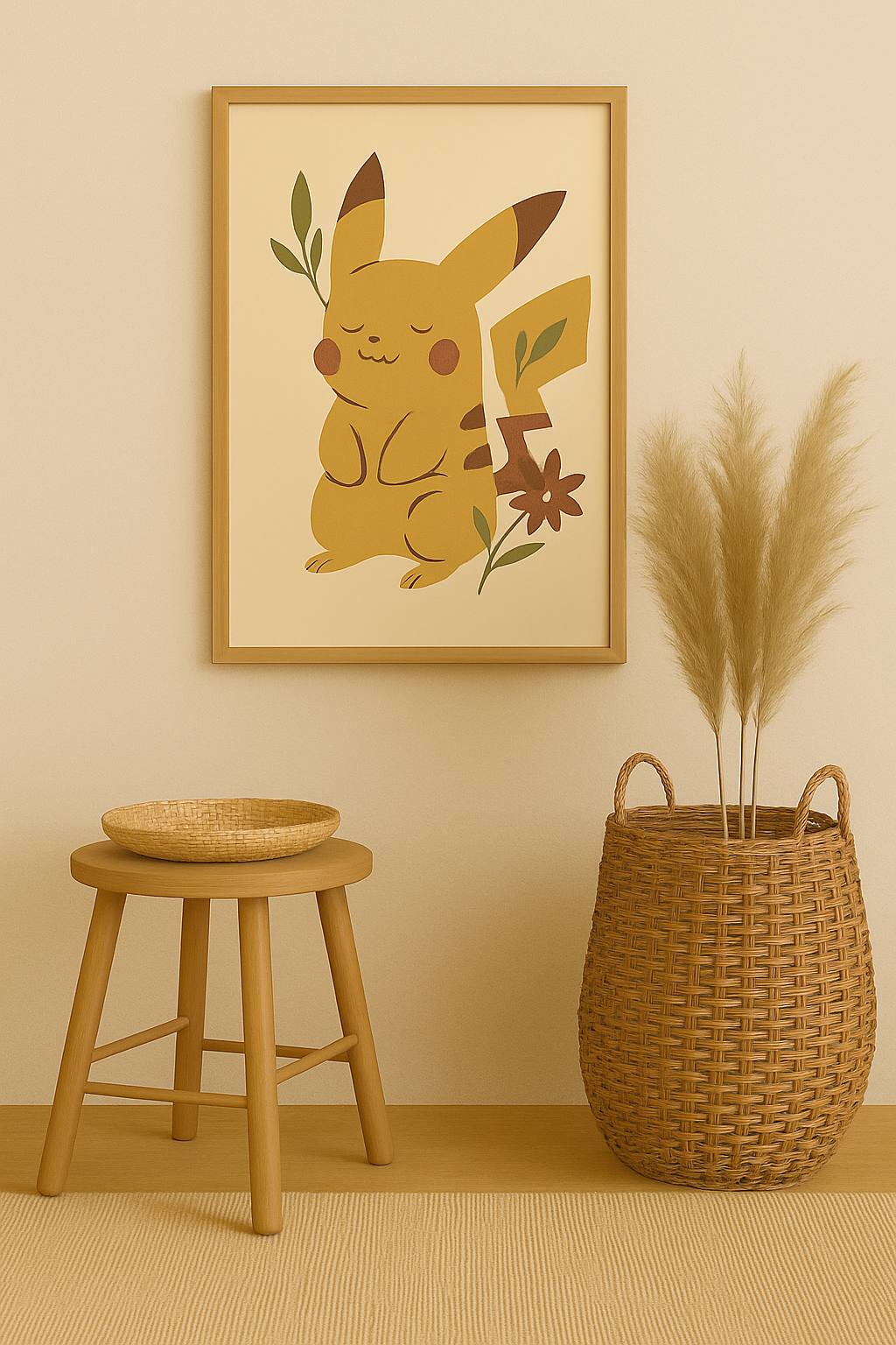 A printable wall art design featuring a stylized Pikachu inspired character with floral accents in a calm boho style, framed and displayed in a warm beige interior with natural textures.
