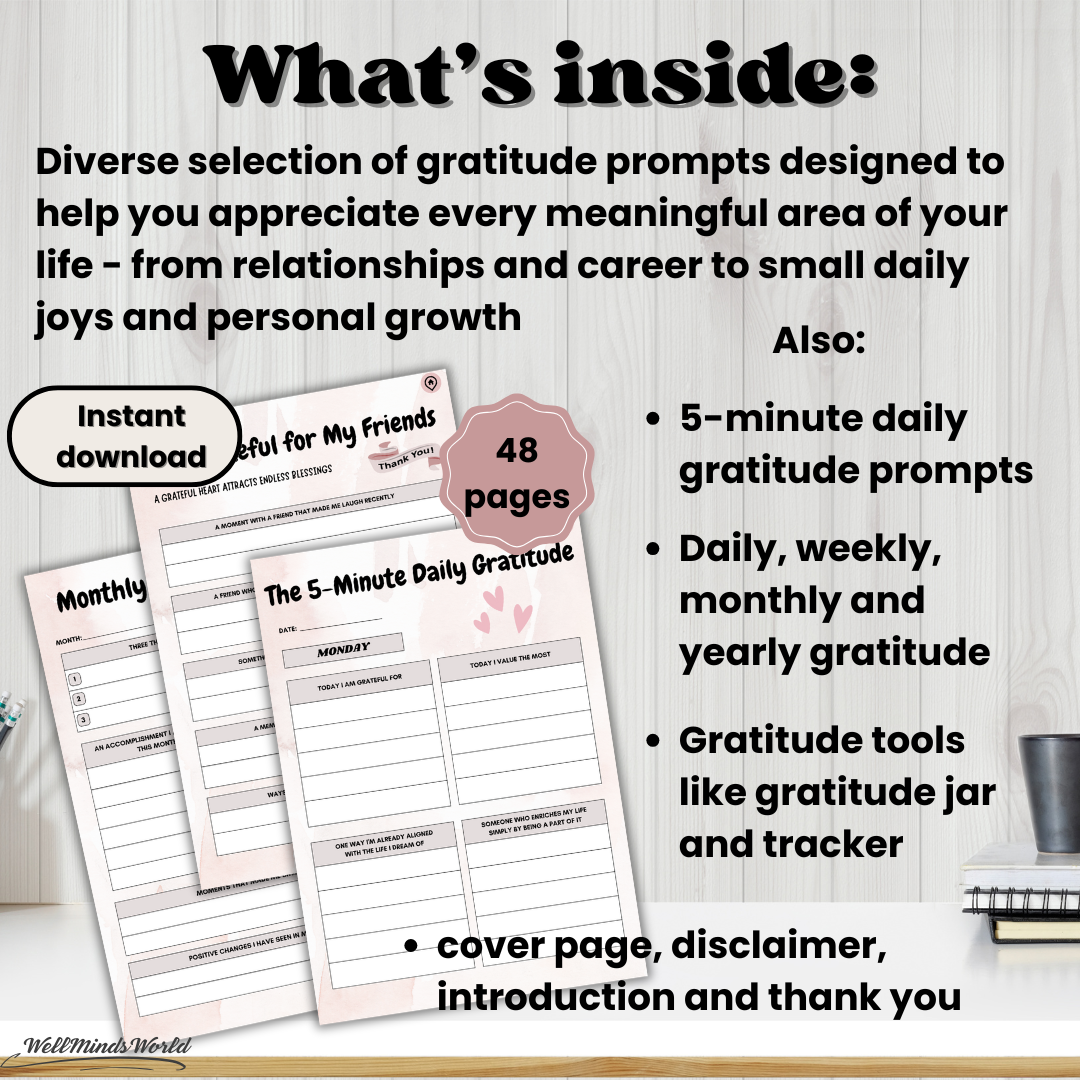 Guided gratitude journal template with space for daily reflections and positive mindset tracking.