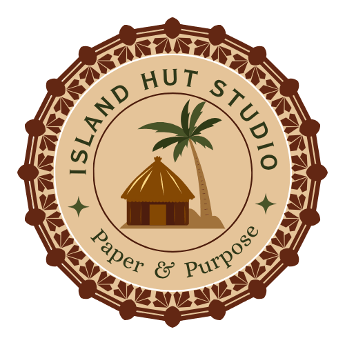 “Island Hut Studio logo featuring a hand-drawn island hut and palm tree, with earthy tones and the tagline ‘Paper & Purpose’ — representing minimalist printable tools for intentional living.”
