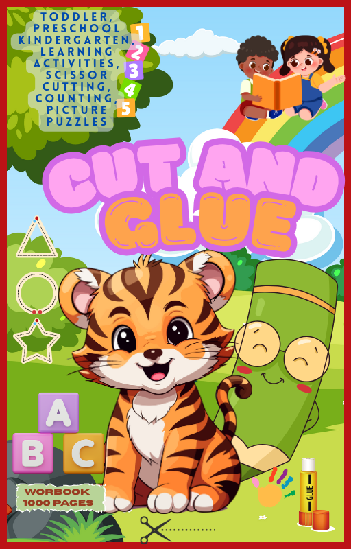 cut and glue, preschool workbook, cut and paste for kids, scissor skills, activity book printable, early learning, fine motor skills, kindergarten worksheets, craft book for toddlers, homeschool activities, busy book pages