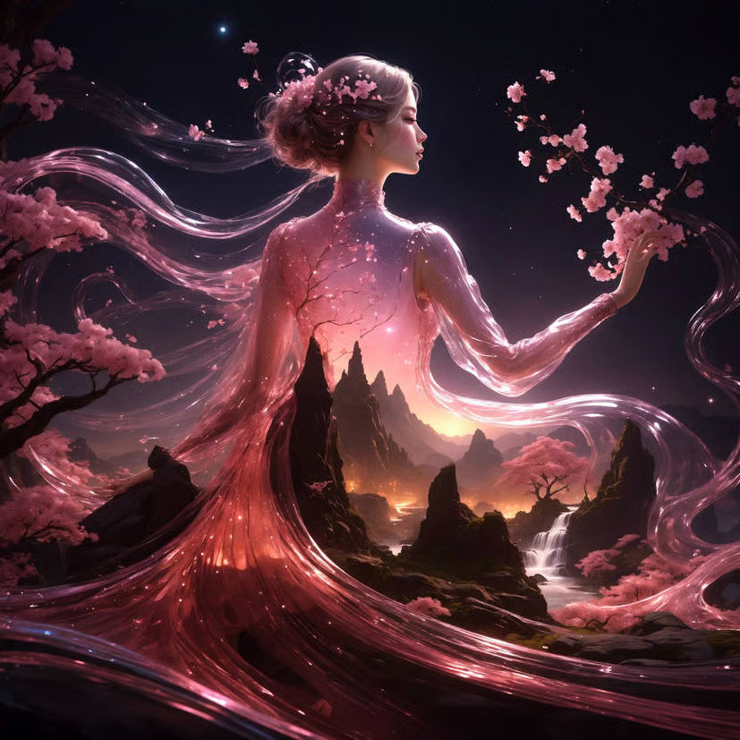 Ethereal woman with pink flowers in hair, wearing a flowing transparent pink dress revealing blossoming trees and mountains, set against a mystical twilight backdrop
