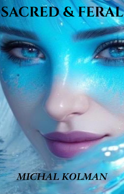 Book cover featuring a striking blue avatar woman emerging from the ocean depths, half woman and half water. She has piercing eyes filled with ancient wisdom, sharp dark eyebrows, and natural flesh-toned lips that invite you into her mystical world. Her face blends the ordinary and the mystical symbolyizing deep transformation and timeless knowledge.