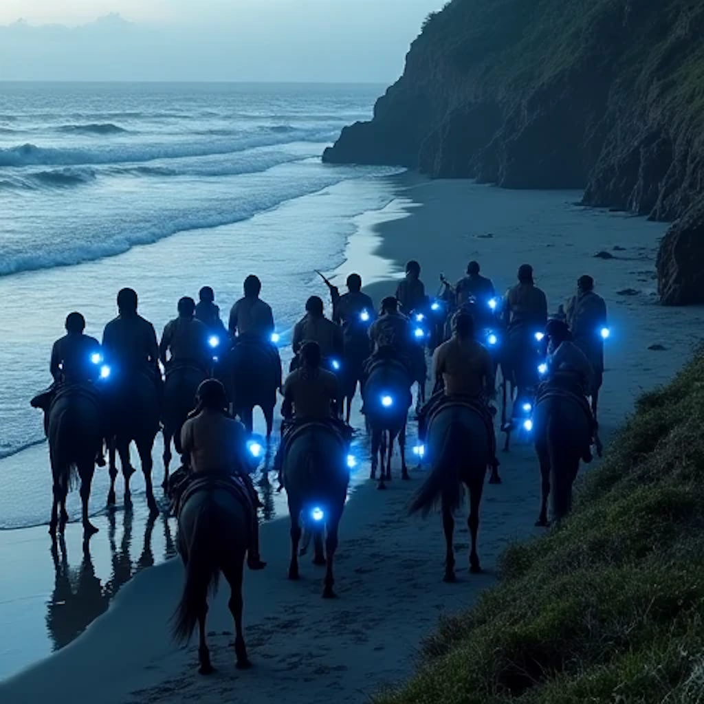 beach gathering of horseback warriors