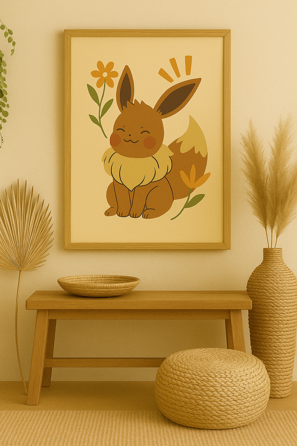 A printable wall art illustration of a peaceful, fox-like character inspired by Eevee, styled in warm beige and brown boho tones with soft leaf accents, shown in a neutral interior setting.