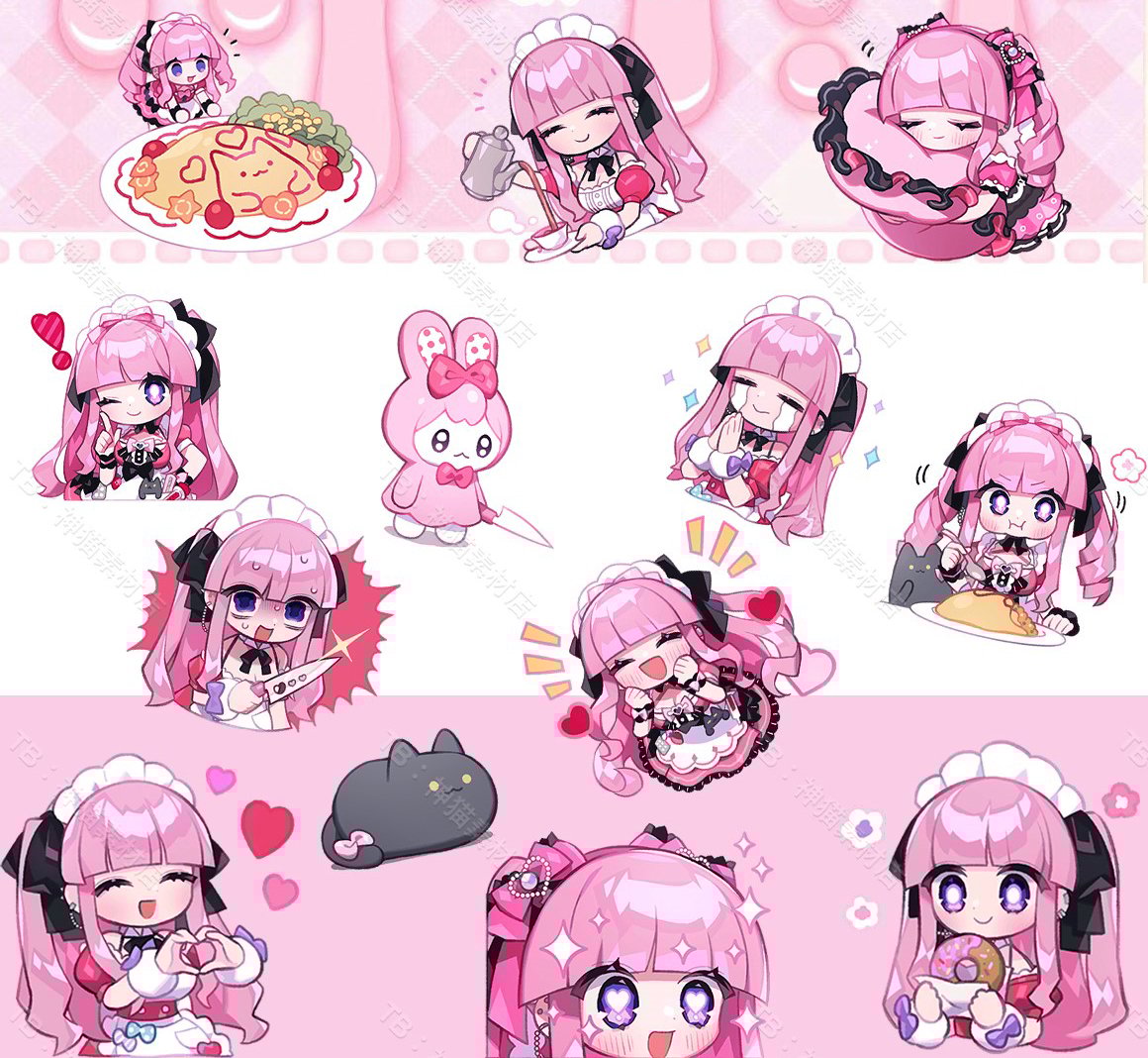 Kawaii Pink Maid Anime Sticker Pack – 40 PNG Files | Cute Chibi Girl, Cat & Food Emotes for Digital Planners, Journal, Sublimation & Crafts