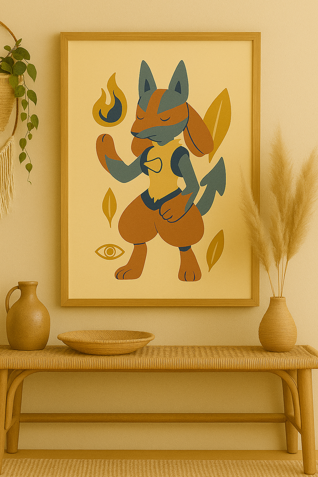 A printable wall art design of a stylized, upright blue creature inspired by Lucario, with minimalist boho elements in warm earth tones and soft shapes, displayed against a neutral background.