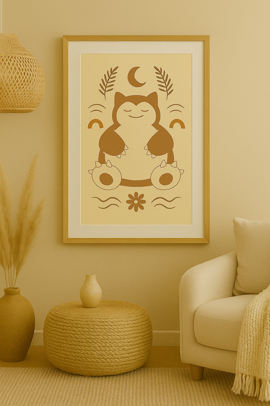 A printable boho-style artwork of a peaceful, rounded creature inspired by Snorlax, resting with minimalist shapes and natural tones, shown in a soft, neutral-toned room setting.
