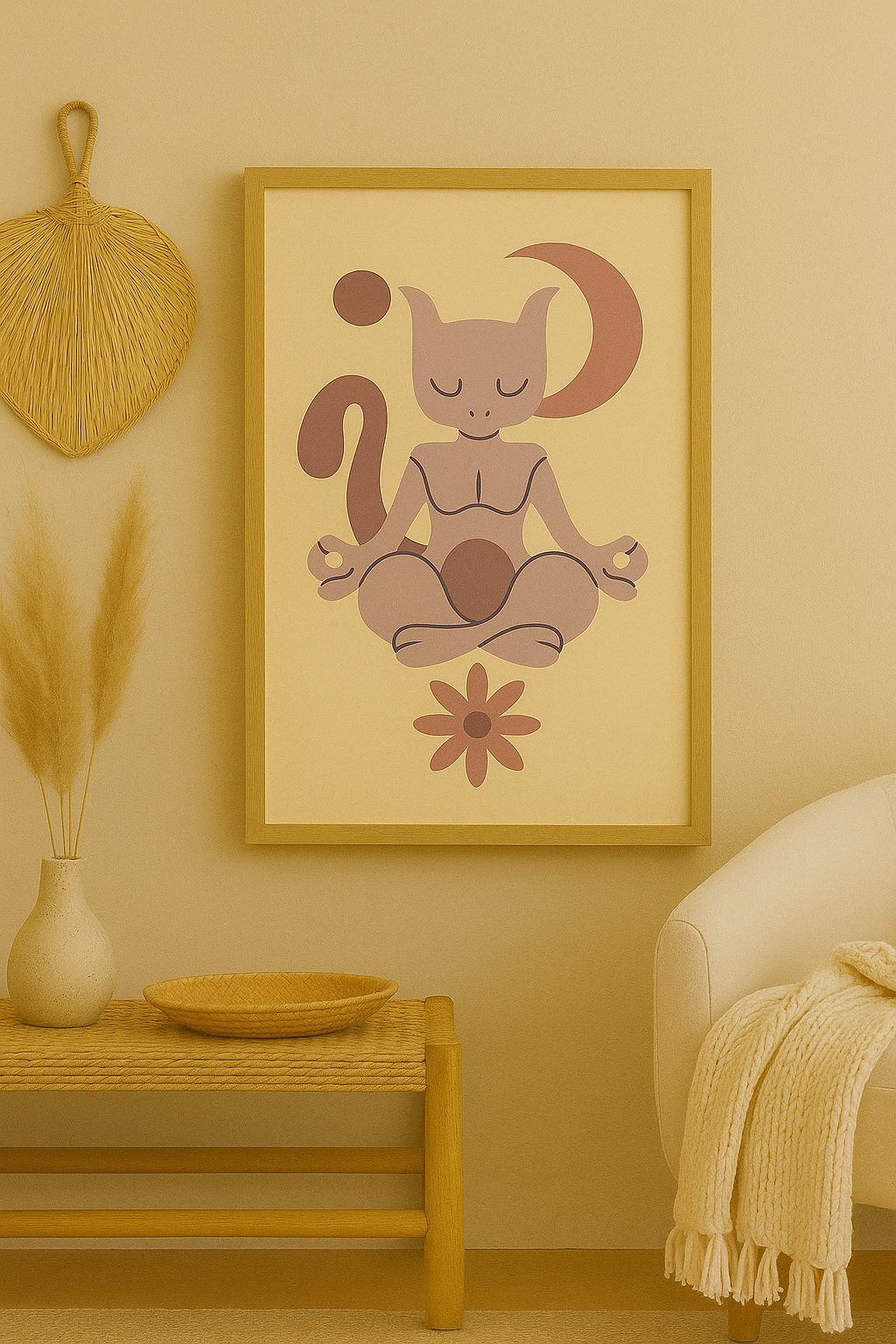 A printable boho-style illustration of a psychic creature inspired by Mewtwo, with soft lines and ethereal shapes in pastel hues, displayed against a neutral background.