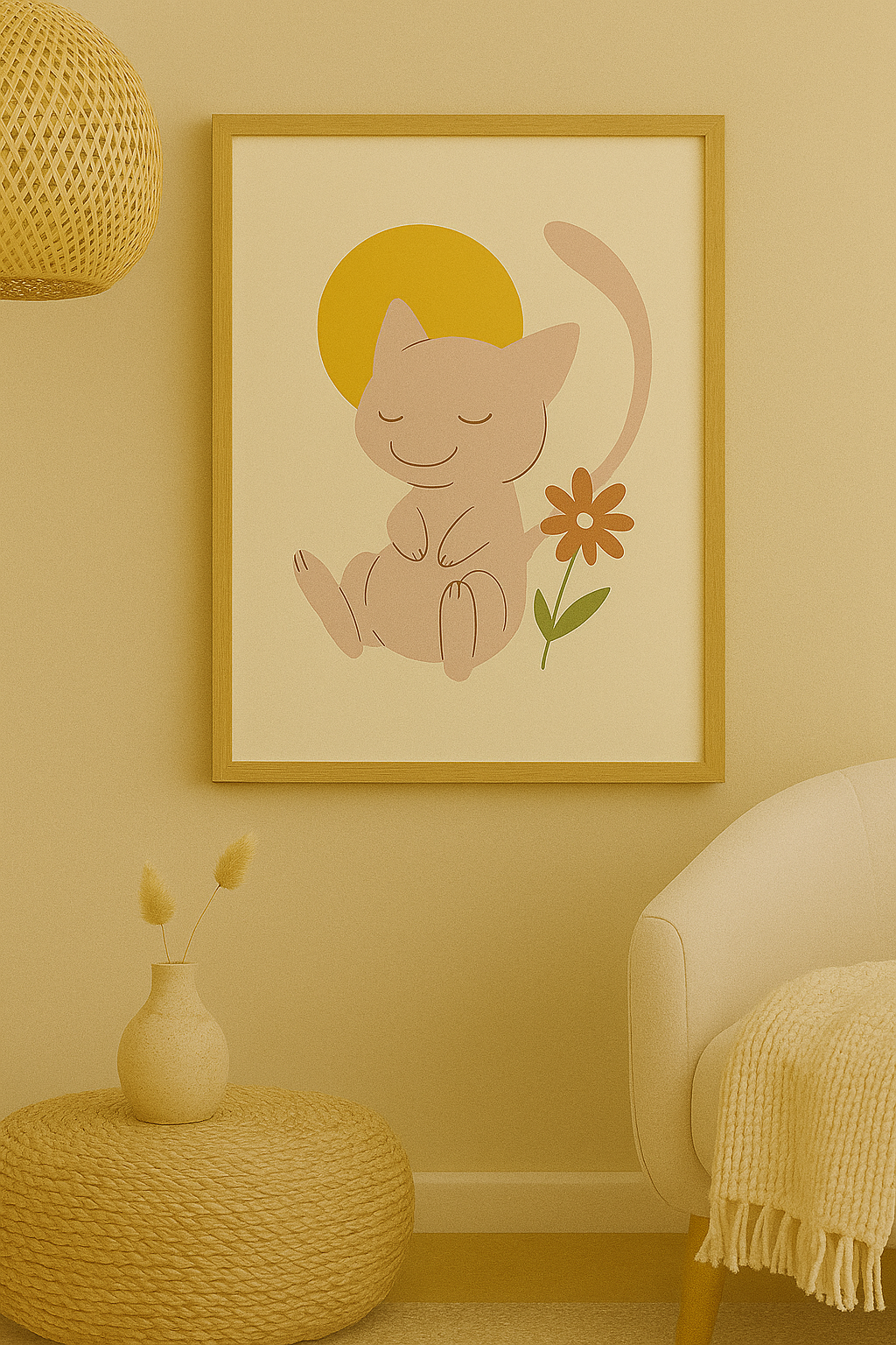 A printable boho-style artwork featuring a floating, cat-like character inspired by Mew, with gentle curves and soft earth tones, framed in a warm, minimalist room setting.
