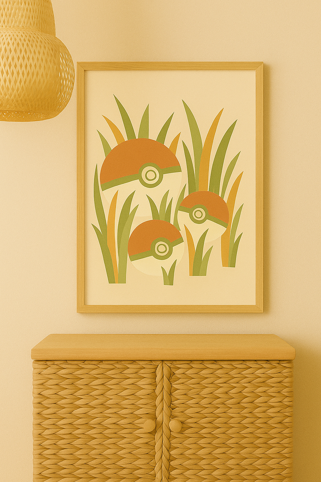 A printable boho-style artwork featuring stylized Pokéballs resting in soft, minimal grass textures with earthy colors, displayed in a calm, neutral interior.