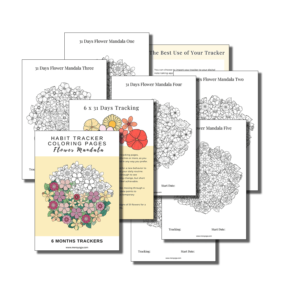 multiple pages from the habit tracker flower mandala