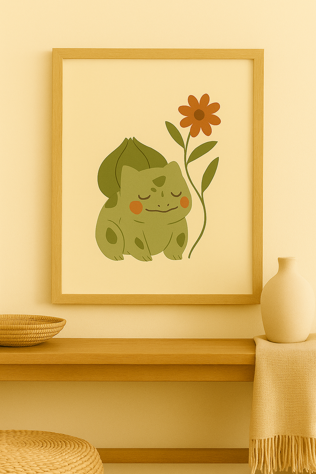 Minimalist boho-style digital artwork of Bulbasaur, featuring soft green tones, floral details, and a beige textured background.