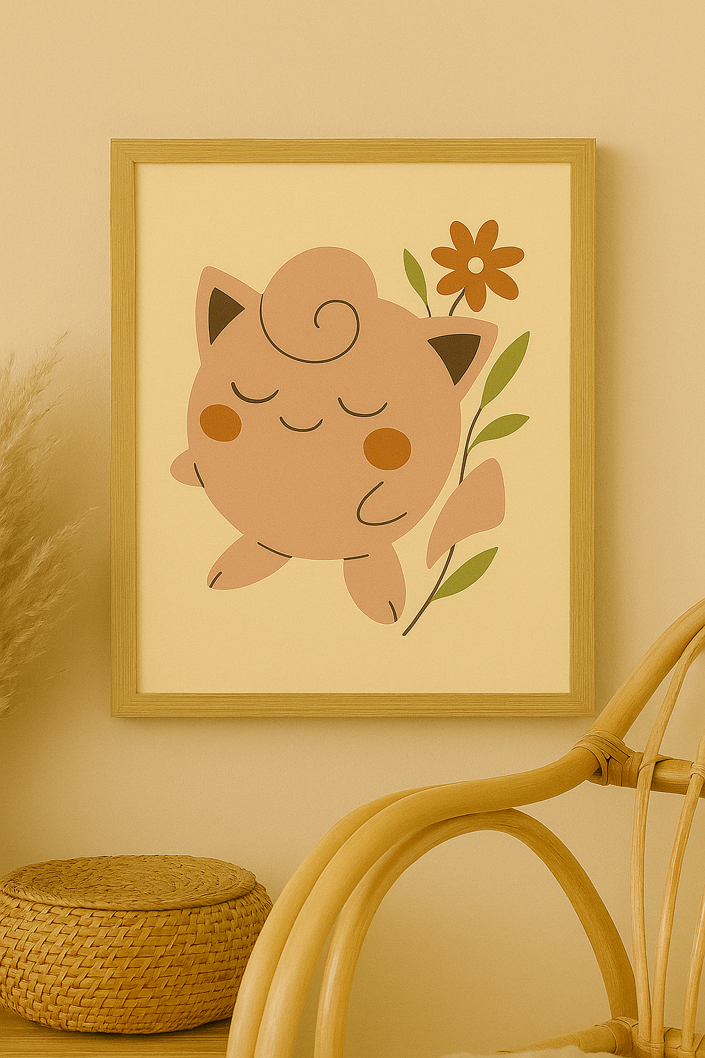 A printable boho-style illustration of Jigglypuff, the pink round Pokémon, with soft floral accents and pastel tones, drawn in a minimalist style and displayed on a warm beige background.