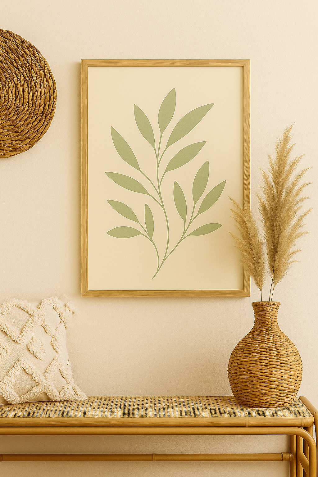 A minimalist digital illustration of sage green leaves on a warm beige background, designed in a boho botanical style.