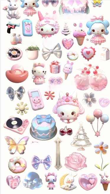 147 PNG Y2K soft girl aesthetics Kawaii Pastel 3D Digital Sticker Pack , Stickers for Goodnotes, digital planner Journal , Whimsical