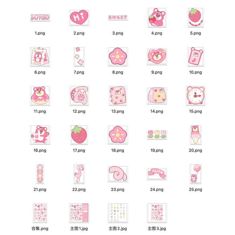25 Kawaii Baby Lotso Bear PNG Sticker Sheet |Pink Kawaii Strawberry Digital Stickers for Goodnotes, Planner, Scrapbook, Journal,Cute Clipart