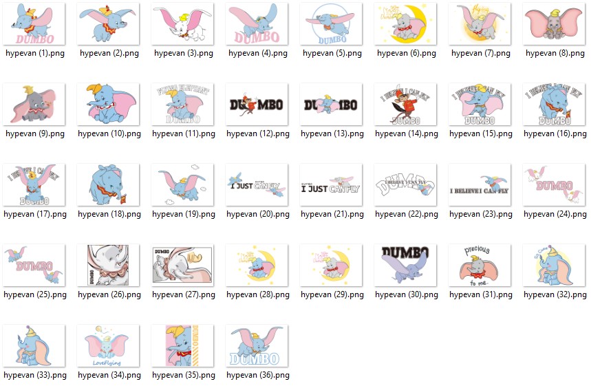 Dumbo-Inspired PNG Bundle β 36 Cute Flying Elephant Clipart Files | Pastel Baby Animal Stickers for Sublimation, Crafts, Scrapbooking & More