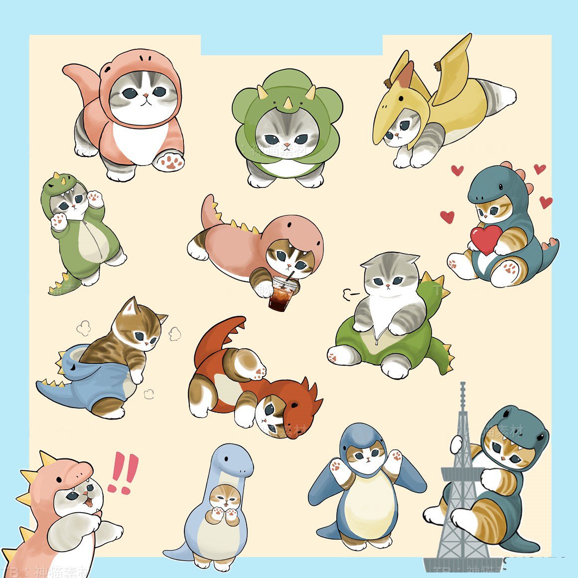 40 PNG Kaiju Nyan Cat Stickers | Cute Dinosaur Cat Clipart | Kawaii Kaiju Nyan PNG Bundle | Digital Download for Planner, Scrapbook