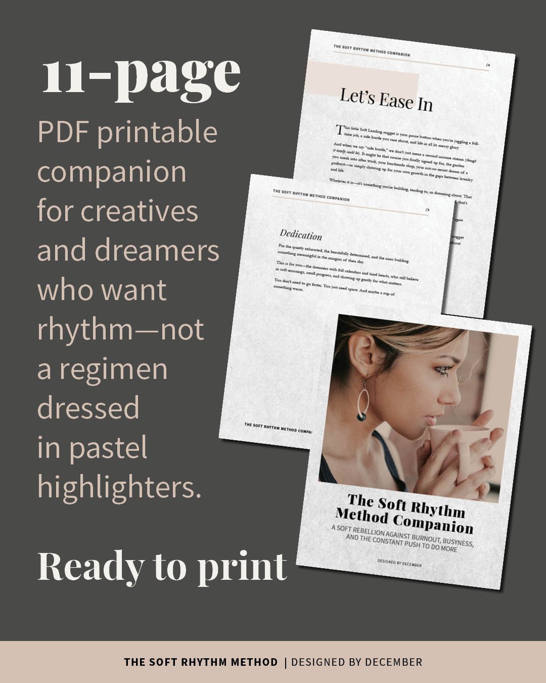 Page preview of The Soft Rhythm Method Companion—an 11-page printable PDF for creatives and dreamers seeking a gentler approach to time management. Designed for burnout recovery, self-care, and meaningful momentum.