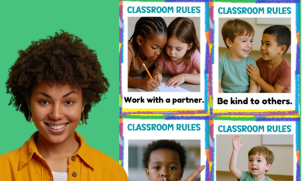 Header image for blog post featuring a display of 9 colorful classroom rules posters with simple visuals and easy-to-read text, designed for early elementary classrooms.