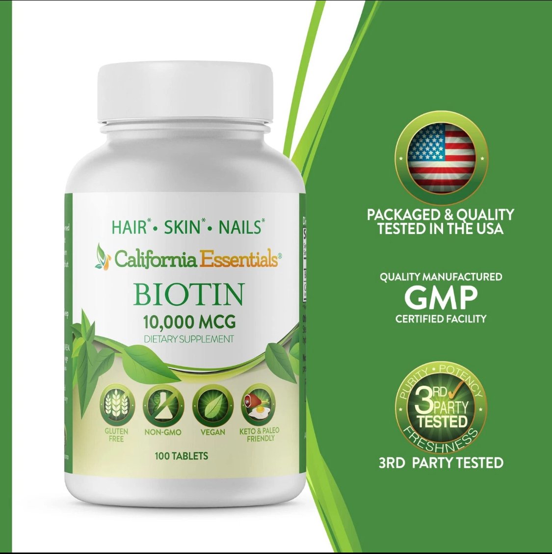Biotin 10 000 mcg Maximum Strength High Potency 100 Tablets Hair Skin and Nails