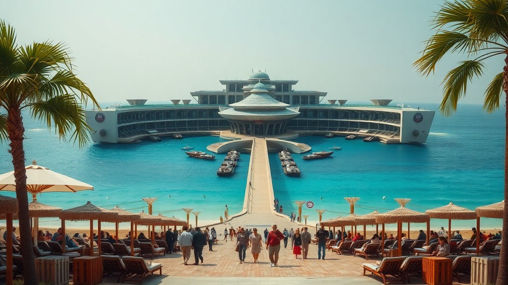 A beachside hotel with people strolling along the shore, enjoying the sunny day and ocean views.  Image by learnenglishwithwendy.com