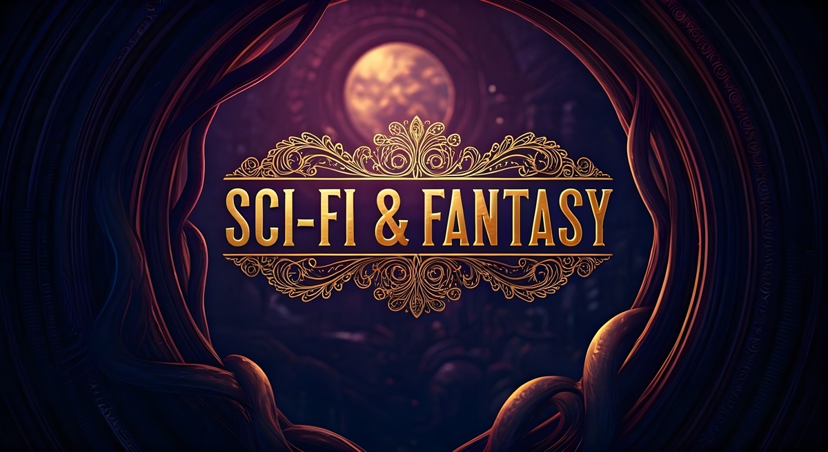 sci-fi and fantasy in gold in front of a sepia moon