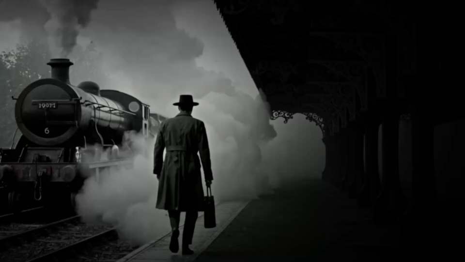 Dark atmospheric train station with man in trench coat approaching steam locomotive — Langton Manor escape room prologue background.