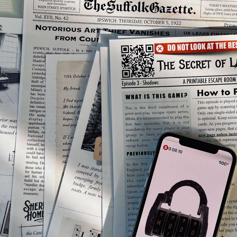 Photo of Langton Manor printable escape room materials and companion app, shown with newspaper clippings and gameplay timer on phone.