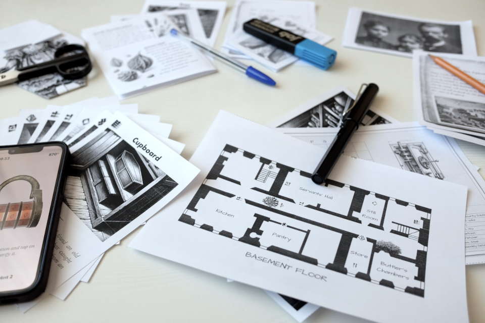 Printable puzzle materials and mobile app from Episode 2 of The Secret of Langton Manor escape room game, including floor plan, clue cards, and player tools.