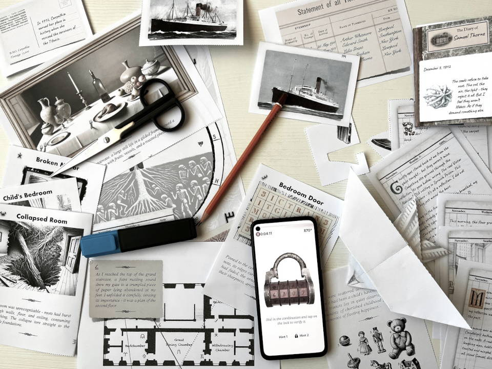 Horror-themed escape room puzzle materials from The Secret of Langton Manor, with printed clue cards, handwritten notes, and mobile app timer.