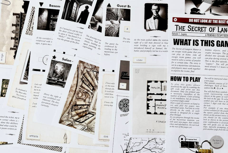 Printed PDF materials from the escape room game "The Secret of Langton Manor"