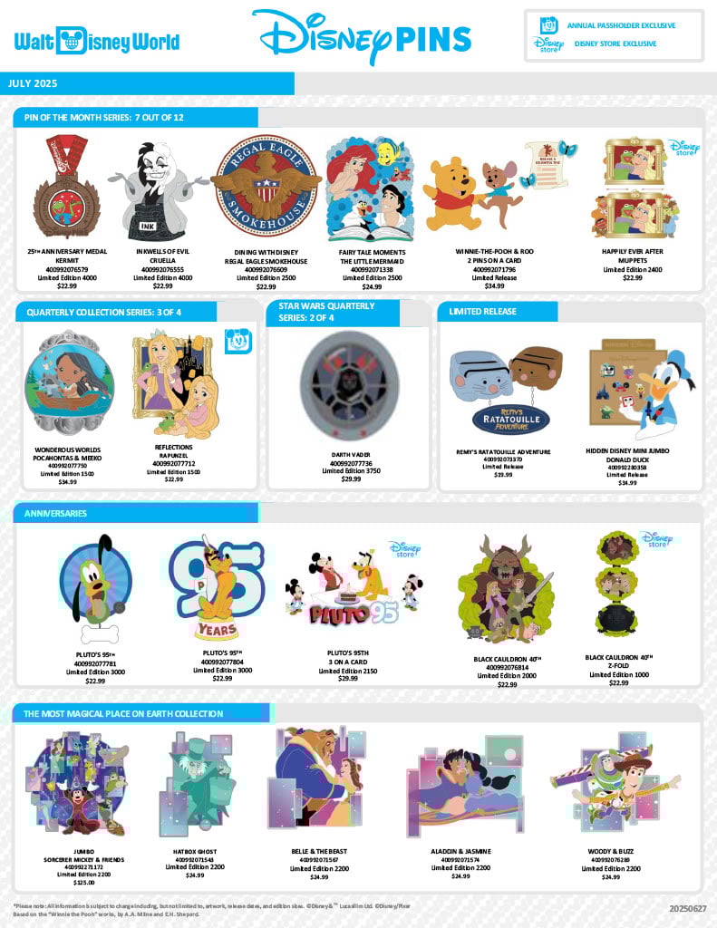 Disney Pins, July 2025, Releases, Limited Edition, Pins
