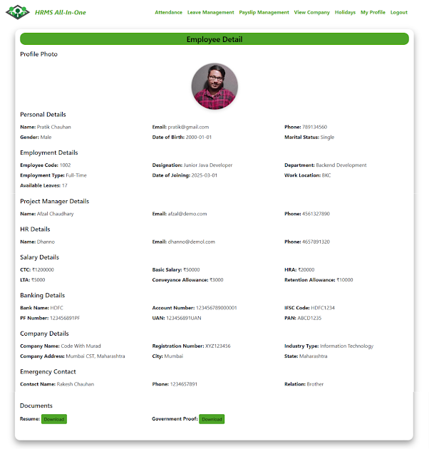 Employee Profile Page - HRMS Project using Spring Boot React JS MySQL Source Code