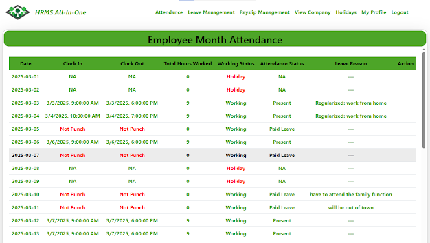 Employee Attendance Detail Page - HRMS Project using Spring Boot React JS MySQL Source code
