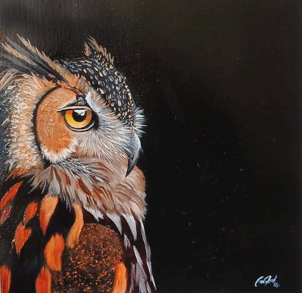 owl, owl rescue centre, owl art, interior design, oil painting, wild life art, paintings, art, trending, unique art, Cindy Crawford, fine art painting