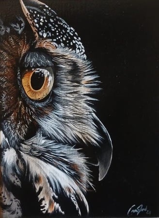 owl, owl rescue centre, owl art, interior design, oil painting, wild life art, paintings, art, trending, unique art, Cindy Crawford, fine art painting